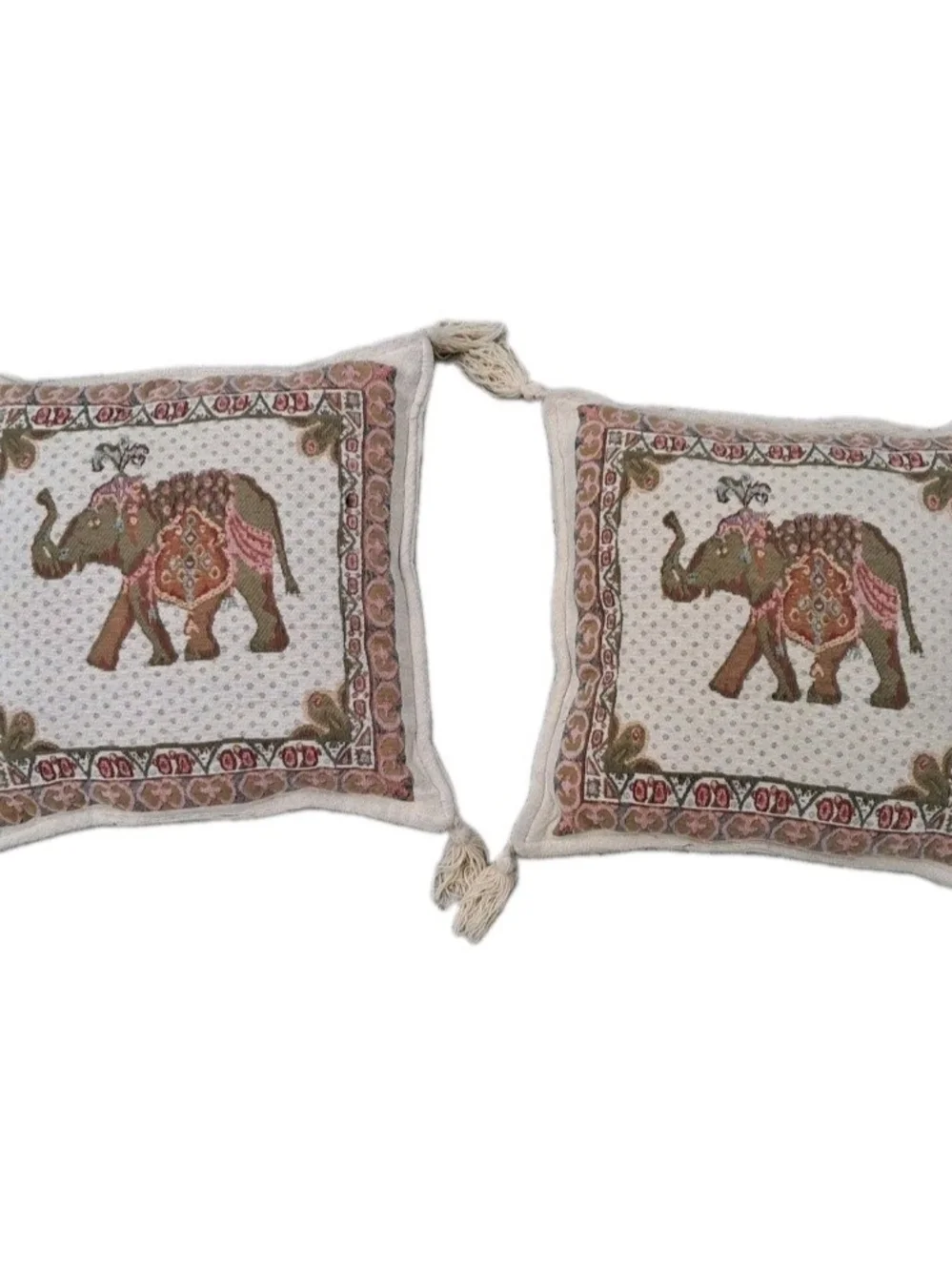 Embroidered Elephant Tapestry Pillow - Cream, Olive & Dusty Pink